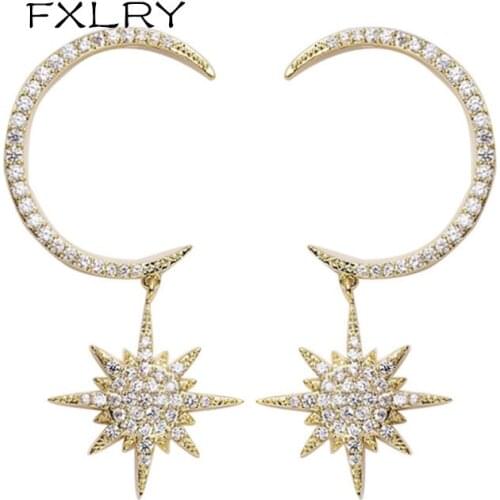 FXLRY Luxury AAA Cubic Zirconia Micro Pave Setting Star And Moon Shaped Drop Earrings WomenS Accessaries
