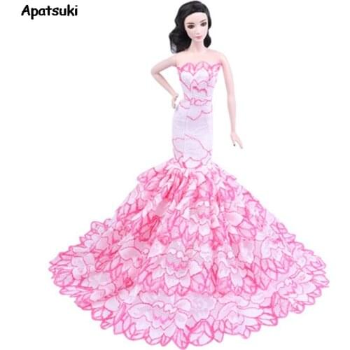 Pink White Off-Shoulder Lace Mermaid Dress for Barbie Doll Evening Party Gown Dresses for Barbie Kids DIY Dollhouse Toy Gift