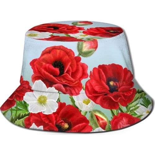 CINESSD Floral Border Red Poppies Flowers And Anemones Casual Sun Hat Bucket Hat for Women Bob Hip Hop Caps Fisherman Hat Panama