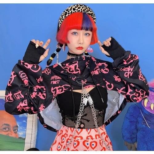 Women Print Loose Hooded Sweatshirt Japanese Harajuku Chain Hip Hop Waist Cool Street Short Pullovers Cute Hoodie Vintage Tops