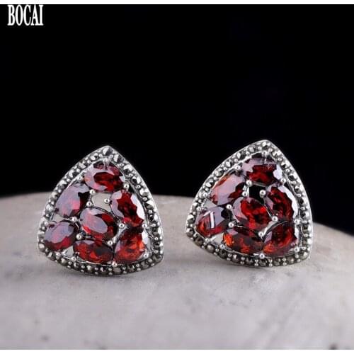 BOCAI 2020 new real s925 Silver Earrings for Women Handmade Triangle Garnet / Blue Corundum / Black Agate Fashion Woman Earrings