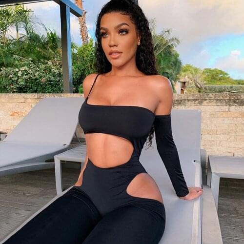 2020 sexy hollow out fitness women jumpsuit one shoulder solid elastic activewear slim sporty streetwear rompers outfits