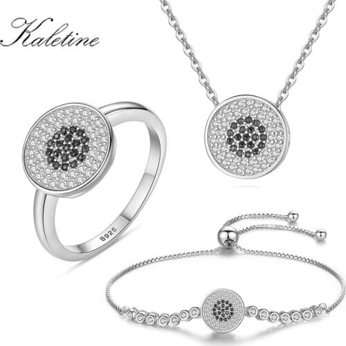 KALETINE Lucky Turkey Evil Eye Black Beaded Jewelry Sets for Women Best Gifts 925 Sterling Silver Bracelet/Necklace/Ring 2018