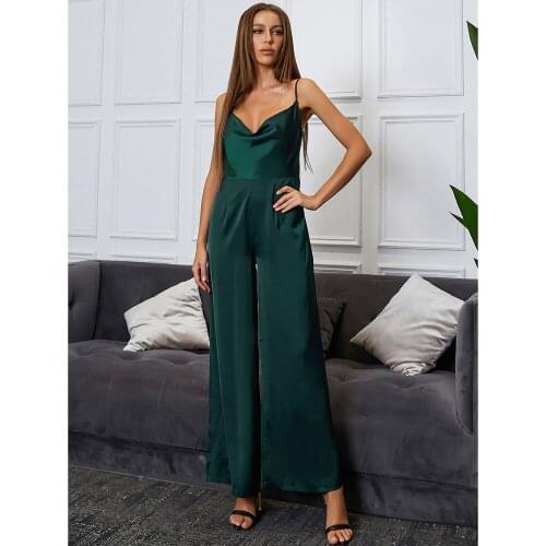 2021 Fashion Satin Romper Women Dark Green One Piece Outfit Sling Backless Jumpsuits Streetwear Femme Outfits Overalls BH7371