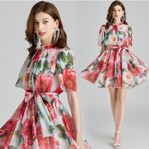 Bohemian Floral Short Dress 2021 Summer Women Ruffed Collar Puff Sleeve High Elastic Waist Sashes Chiffon Ruches Pleated Vestido