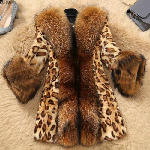Lady Leopard Faux Fur Coat Fall Winter Faux Raccoon Dog Fur Woman Midi-Long PU Leather Patchwork Woman Outwear LW224