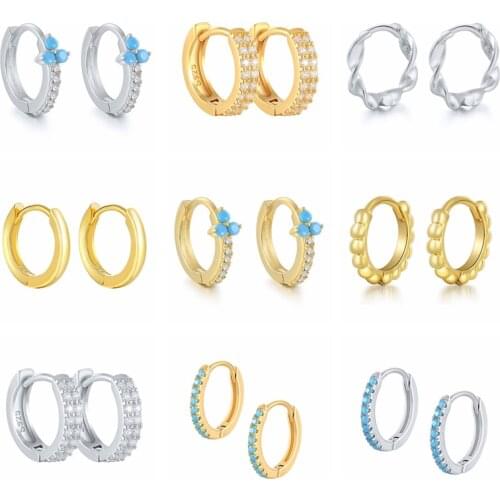 GS 925 Sterling Silver Turquoise Gold Hoop Earrings For Women Cubic Zirconia Jeweled Twist Small Beads Circle Huggie Earrings