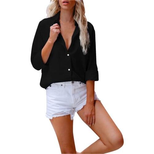 Womens Tops And Blouses Women Solid Cotton Linen Bloues Shirt Long Sleeve Lapel Button Bloues Shirt Blusas Mujer De Moda 2021