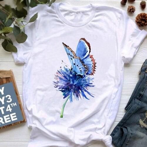 Blue Butterfly Print Tshirt Women Short Sleeve Fashion Lady Clothes Print Tshirt Female Tee Top Ladies Graphic T-shirt