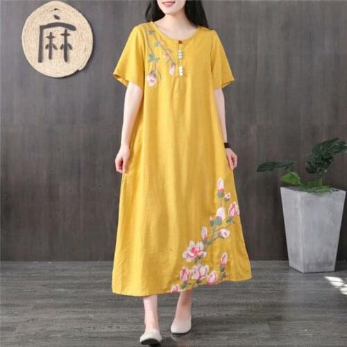 Cotton Linen Floral Embroidery Dress Women 2019 Summer Shirt Dress Short Sleeve Femme Casual Loose Plus Size Long Dresses