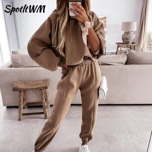 SpotLtWM Womens Fleece Hoodies Two Piece Set 2021 Spring Autumn Sweatshirts Jogging Pants Suits Female Casual Sport Tracksuits