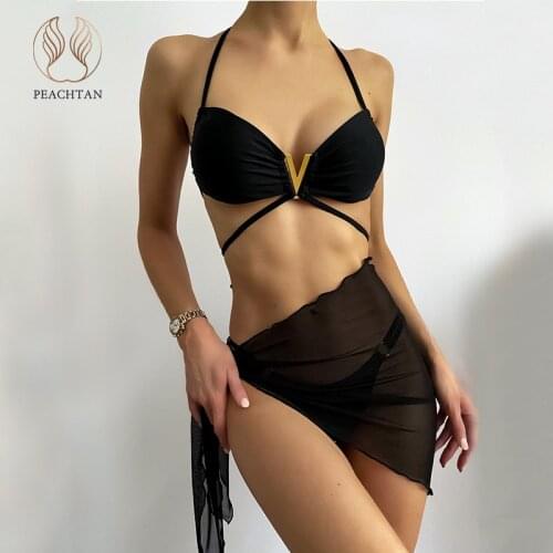 Peachtan Bandeau swimwear female Bandage halter bikini set Skirts 3 pieces set Solid swimwear female V-neck bathing suit 2021