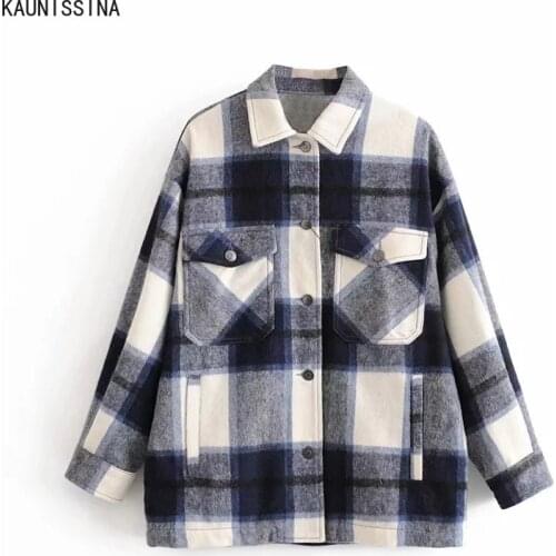 Plaid Jacket Coat Women Vintage Stylish Pockets Oversized Coats Fashion Lapel Collar Long Sleeve Loose Outerwear Chic Tops