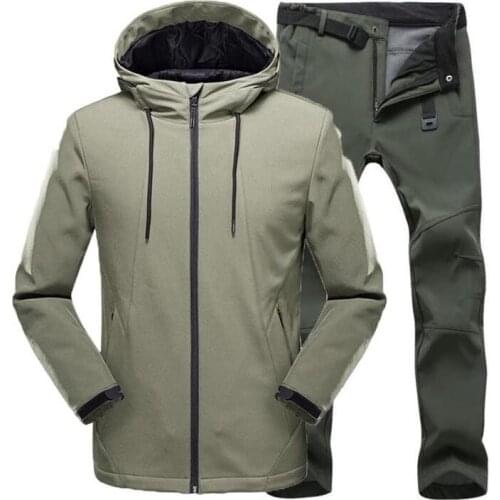 Men Winter Hiking Jacket Suit Outdoor Fishing Camping Ski Windproof Thermal Jacket Waterproof Fleece Softshell pant Sets Belt
