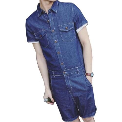 Mens slim jumpsuit short sleeve casual denim jacket and pants suit hand clothing