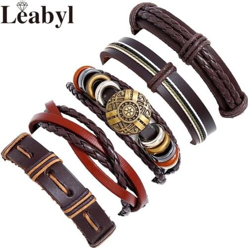 Leabyl Punk Series Ancient Flower Wood Bead Wrap Vintage Bracelet Set for Men Handmade Braided Brown Cow Leather Strap Bracelet