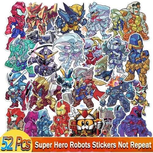 52 Pcs/Lot Super Hero Robots Cosplay Stickers for Cool Mechanic Cartoon Anime Sticker to DIY Luggage Laptop Guitar Bike Phone
