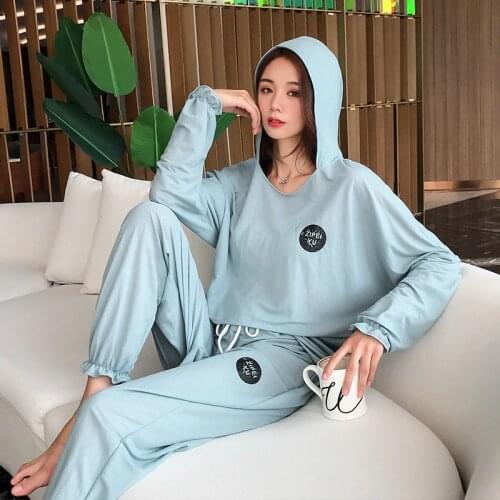 Anti mosquito ice silk hoodie pajamas women long sleeve long pants home clothes loose casual large size two piece set summer