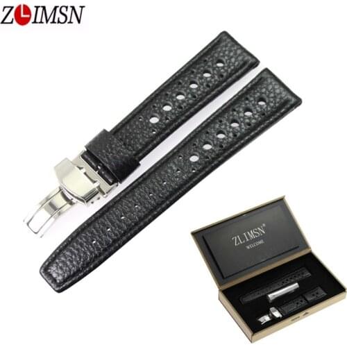 ZLIMSN Genuine Leather Watch Strap 20 22mm Watchband Black Brown Men Women Stainless Steel Butterfly Buckle Watches Accessories
