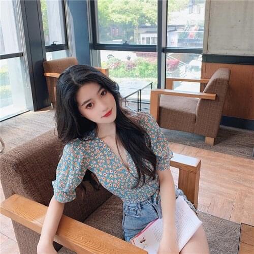Chiffon Shirt Scheming Design Puff Sleeve Top Womens Summer 2021new Waist Trimming Short Doll Shirt