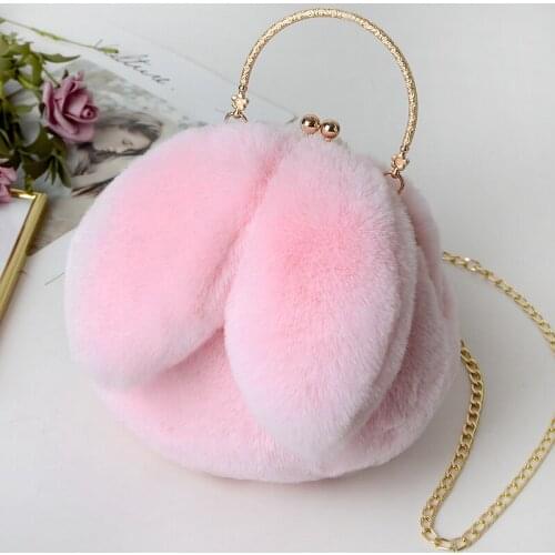 Faux fur crossbody bag plush ladies bag, ladies 2020 cute rabbit ear chain handbag shoulder bag Bolsos De Mujer and wallet purse