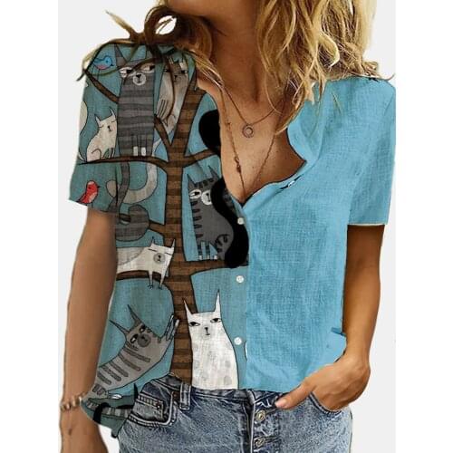 Vintage Women Summer T-shirt Half Cat Print Button Shirt Short Sleeve Casual Loose Print Plus Size Tops Patchwork Couple outfit