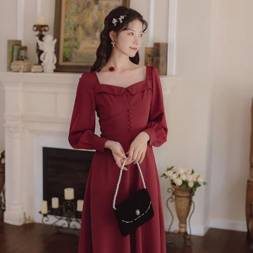 Temperament Pure Color Retro High Waist Dress Womens Spring and Autumn New Elegant Chic Square Neck Goddess Red Dress Vestidos
