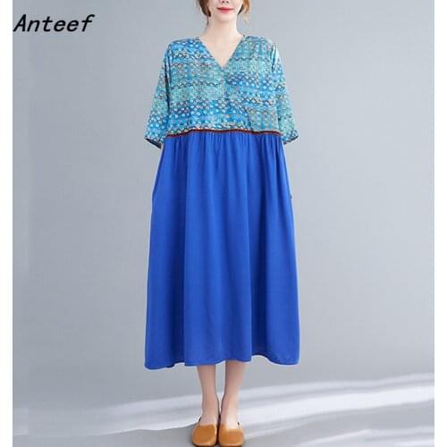 Anteef short sleeve cotton vintage floral dresses for women casual loose long woman summer dress elegant clothes 2021