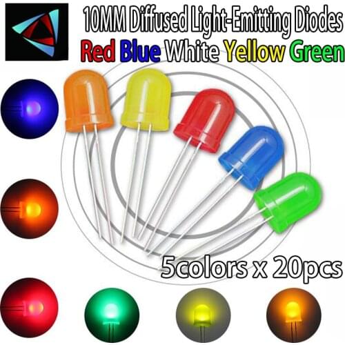 50pcs (5 colors x 10pcs) 10mm 20mA Blue Red Yellow Green Round Light Emitting LED Diode Assorted Kit 5 Colors Hot Sale