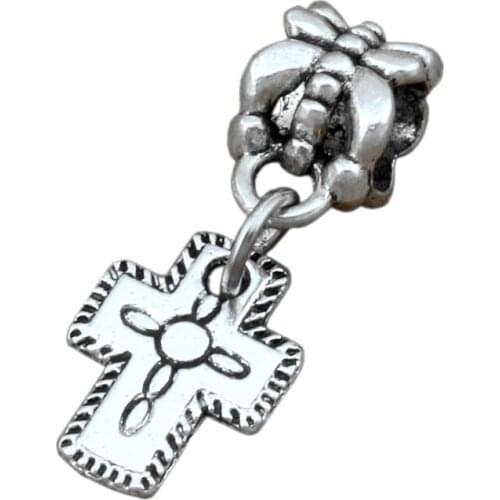 150pcs Dangle Zinc Alloy Small Cross Charm Big Hole Beads Fit European Necklace Bracelet Jewelry 9x25mm A-270a