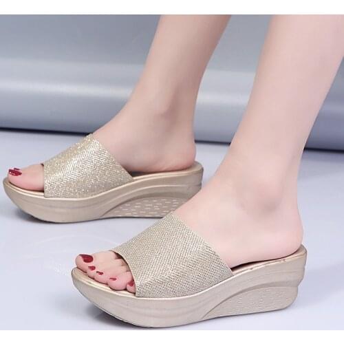 2021 Fashion Womens Sandals; Waterproof Platform Casual Mid-heel Sequin Fish Mouth Slippers Summer Womens Shoes