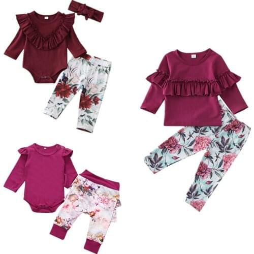 0-5Y Infant Baby Girls Kids Ruffle Long-sleeved Top Romper Hoodie+ Flower Trousers Clothes+Headband 3pcs