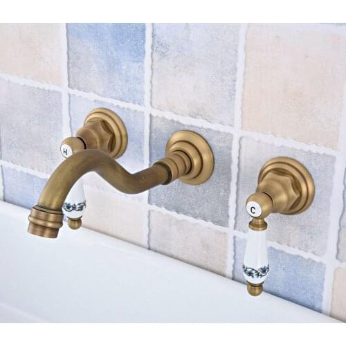 Antique Brass Widespread Wall Mounted Double Ceramic Handle Bathroom Sink Faucet Tap Lsf530