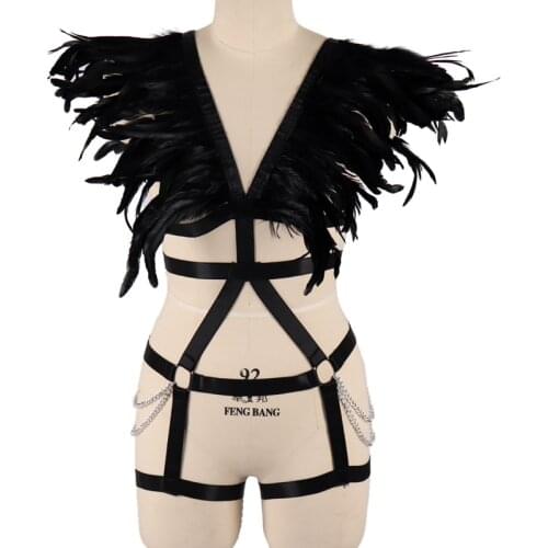 BDSM Sexy Women Feather Wings Harness Underwear Set Garter Belt Gothic Suspenders Bondage Straps Erotic Lingerie Festive Costume