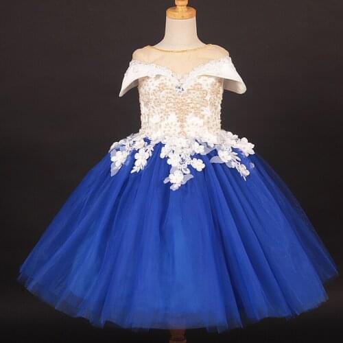 Free shipping Flower Girl Pageant Ball Gown Wedding Dress for Girl Kids Blue Dress for Girls