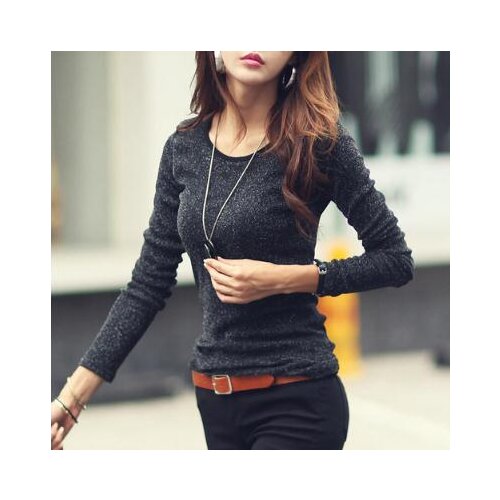 Free Shipping Women Shining Elastic Basic Tee O-neck Long Sleeve Slim Tight T-shirt Ladies Plus Size High Quality Top S-3XL
