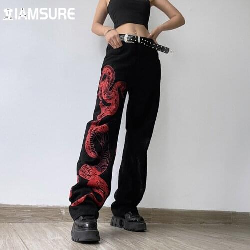 IAMSURE Chinese Style Dragon Printed Jeans Casual Streetwear Loose High Waisted WomenS Trousers Fashion Denim Wide Leg Pants