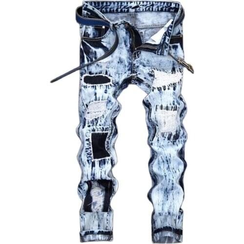 Spring Autumn Mens Ripped Print Street HIP HOP Punk Stretch Bike Jeans Trendy Holes Straight Denim Trouers