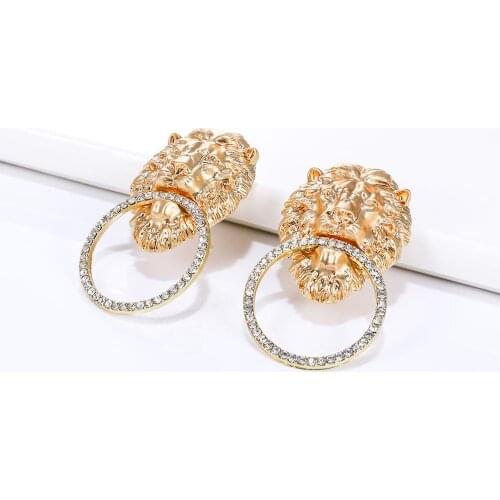 EASYA 2020 New Fashion Lion Head Earrings Exaggerated Crystal Geometric Stud Earrings For Women Girls