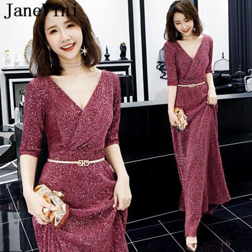 JaneVini BingBing Elegant A Line Sequins Long Prom Dresses V Neck Satin Floor Length Formal Evening Party Gowns Vestidos De Gala
