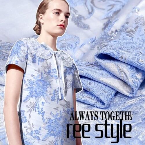 French design blue flower silver edge jacquard yarn-dyed brocade fabric crisp glossy fashion fabric