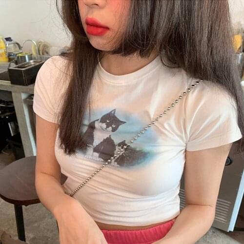 Cat print T-shirt women 2021 summer slim hot girl short top short sleeves y2k crop top Kawaii harajuku Top woman tops for girls