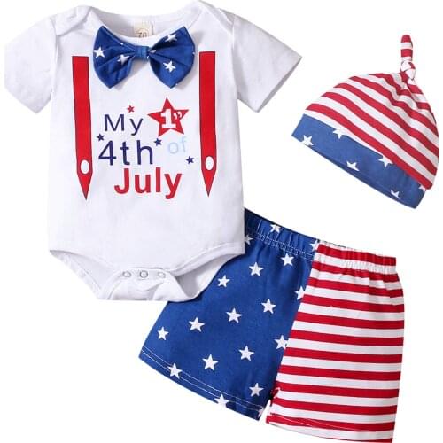 2021-04-05 Lioraitiin 3Pcs Set 0-18M Infant Baby Boy Independence Day Clothes Set Letter Print Short Sleeve Romper Striped Short