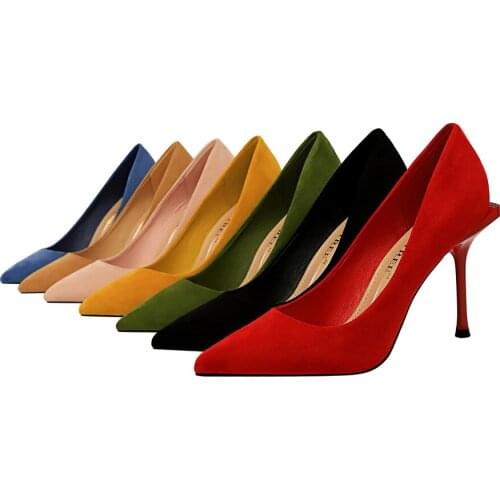 Korean version fashion sexy show thin delicate suede with shallow mouth pointed high heels womens shoes single shoe 925-1