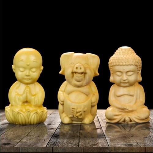 Mini Monk Buddhist Fortune Pig Boxwood Carving Buddha Guanyin Maitreya Shakya Muni Louts Pendants Crafts Figure Figurine Decor