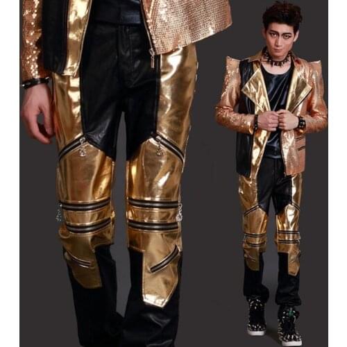 Stage personality men leather pants harem pant men feet trousers singer dance rock fashion street novelty gold multi-zipper