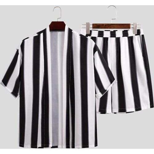 Mens Summer Stripe Loose Needle Short Sleeve Shirt Shorts Casual Fashion Simple Street Size Thin Beach Men Quick Dry Two Sets
