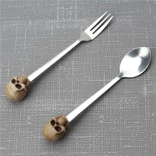 Skull Head Spoon And Fork Set 304 Stainless Steel Teaspoons Dinner Spoon Fork Resin Skull Head For Coffee Tea Dessert Spoon Set