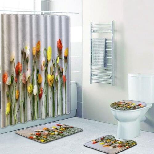Zeegle Bath Mat Set Anti-slip Pedestal Rug Toilet U Type Mat 3d Printed Flower Waterproof Shower Curtain Lid Toilet Cover Rug