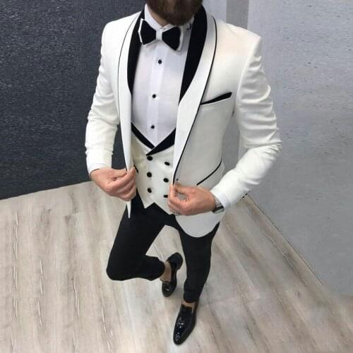 New Arrival Men Suits White and Black Groom Tuxedos Shawl Lapel Groomsmen Wedding Bridegroom ( Jacket+Pants+Vest+Tie ) D155